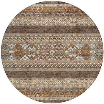 8' Chocolate And Gray Round Southwestern Washable Indoor Outdoor Area Rug