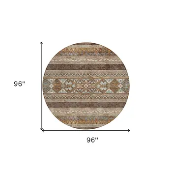 8' Chocolate And Gray Round Southwestern Washable Indoor Outdoor Area Rug
