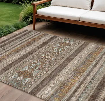9' X 12' Chocolate And Gray Southwestern Washable Indoor Outdoor Area Rug
