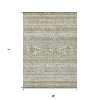 5' X 8' Khaki Taupe And Ivory Southwestern Washable Indoor Outdoor Area Rug
