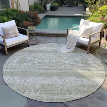 8' Khaki Taupe And Ivory Round Southwestern Washable Indoor Outdoor Area Rug