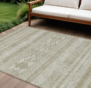 8' X 10' Khaki Taupe And Ivory Southwestern Washable Indoor Outdoor Area Rug