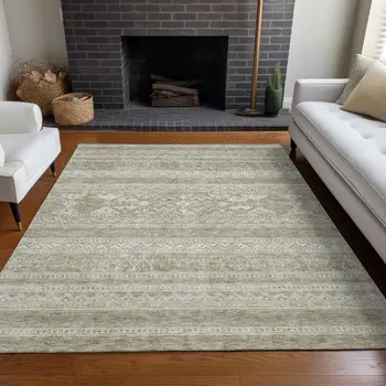 10' X 14' Khaki Taupe And Ivory Southwestern Washable Indoor Outdoor Area Rug