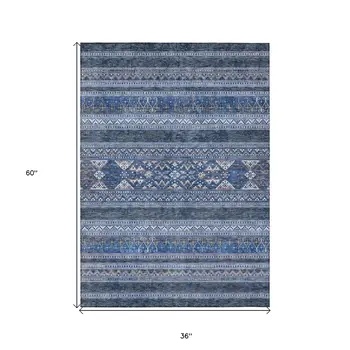 3' X 5' Navy Blue And Denim Blue Southwestern Washable Indoor Outdoor Area Rug
