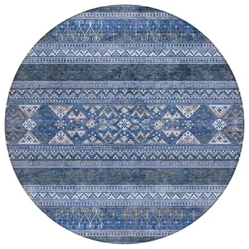 8' Navy Blue And Denim Blue Round Southwestern Washable Indoor Outdoor Area Rug