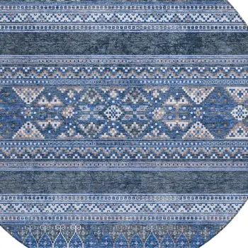 8' Navy Blue And Denim Blue Round Southwestern Washable Indoor Outdoor Area Rug
