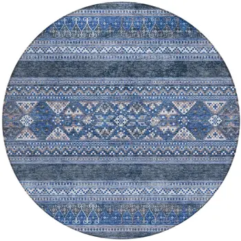 8' Navy Blue And Denim Blue Round Southwestern Washable Indoor Outdoor Area Rug