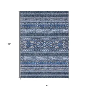 8' X 10' Navy Blue And Denim Blue Southwestern Washable Indoor Outdoor Area Rug