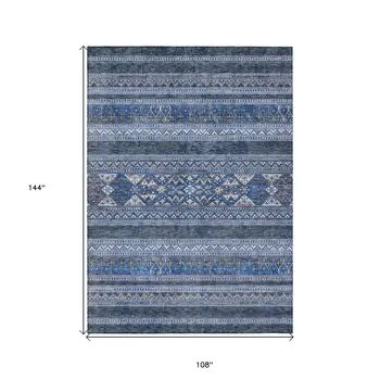 9' X 12' Navy Blue And Denim Blue Southwestern Washable Indoor Outdoor Area Rug