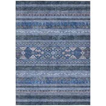 9' X 12' Navy Blue And Denim Blue Southwestern Washable Indoor Outdoor Area Rug