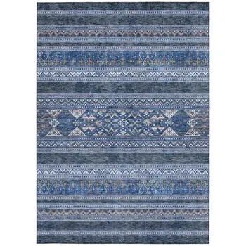 10' X 14' Navy Blue And Denim Blue Southwestern Washable Indoor Outdoor Area Rug