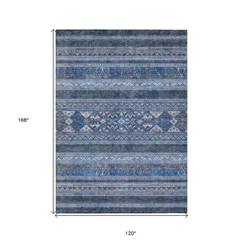 10' X 14' Navy Blue And Denim Blue Southwestern Washable Indoor Outdoor Area Rug