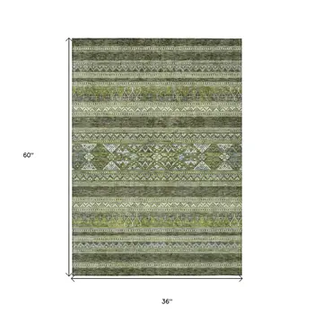 3' X 5' Olive Green And Artichoke Green Southwestern Washable Indoor Outdoor Area Rug