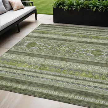 5' X 8' Olive Green And Artichoke Green Southwestern Washable Indoor Outdoor Area Rug
