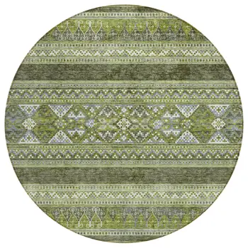 8' Olive Green And Artichoke Green Round Southwestern Washable Indoor Outdoor Area Rug