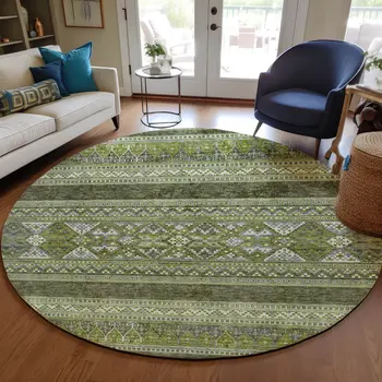 8' Olive Green And Artichoke Green Round Southwestern Washable Indoor Outdoor Area Rug