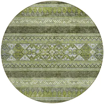 8' Olive Green And Artichoke Green Round Southwestern Washable Indoor Outdoor Area Rug