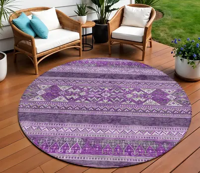 8' Purple Eggplant And Gray Round Southwestern Washable Indoor Outdoor Area Rug