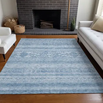 3' X 5' Sky Blue And Ivory Southwestern Washable Indoor Outdoor Area Rug