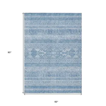5' X 8' Sky Blue And Ivory Southwestern Washable Indoor Outdoor Area Rug
