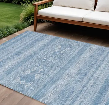 8' X 10' Sky Blue And Ivory Southwestern Washable Indoor Outdoor Area Rug