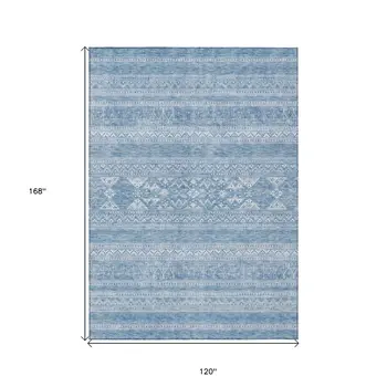 10' X 14' Sky Blue And Ivory Southwestern Washable Indoor Outdoor Area Rug
