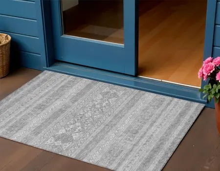 3' X 5' Silver Gray And Ivory Southwestern Washable Indoor Outdoor Area Rug