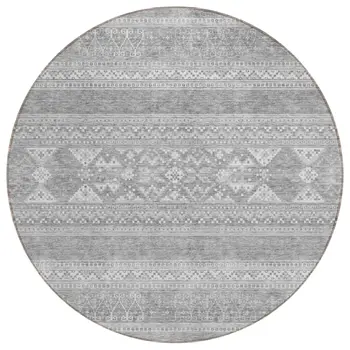 8' Silver Gray And Ivory Round Southwestern Washable Indoor Outdoor Area Rug