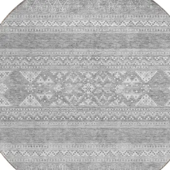 8' Silver Gray And Ivory Round Southwestern Washable Indoor Outdoor Area Rug