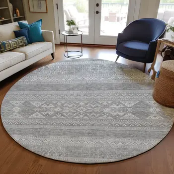 8' Silver Gray And Ivory Round Southwestern Washable Indoor Outdoor Area Rug
