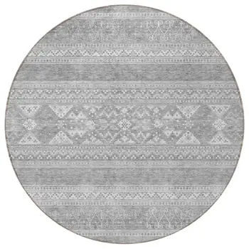 8' Silver Gray And Ivory Round Southwestern Washable Indoor Outdoor Area Rug