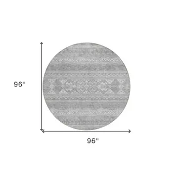 8' Silver Gray And Ivory Round Southwestern Washable Indoor Outdoor Area Rug