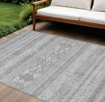8' X 10' Silver Gray And Ivory Southwestern Washable Indoor Outdoor Area Rug