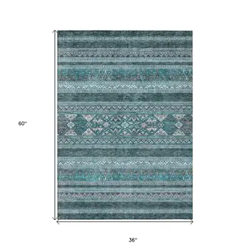 3' X 5' Teal Blue Ivory And Gray Southwestern Washable Indoor Outdoor Area Rug