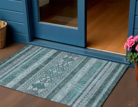 3' X 5' Teal Blue Ivory And Gray Southwestern Washable Indoor Outdoor Area Rug