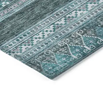 3' X 5' Teal Blue Ivory And Gray Southwestern Washable Indoor Outdoor Area Rug