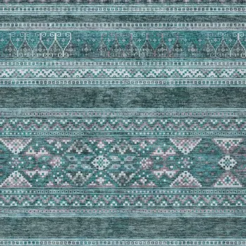 5' X 8' Teal Blue Ivory And Gray Southwestern Washable Indoor Outdoor Area Rug