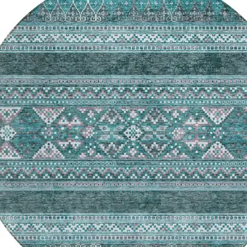 8' Teal Blue Ivory And Gray Round Southwestern Washable Indoor Outdoor Area Rug