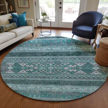 8' Teal Blue Ivory And Gray Round Southwestern Washable Indoor Outdoor Area Rug