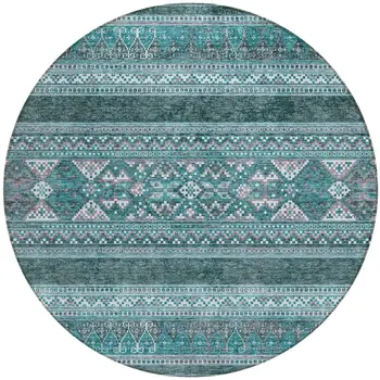 8' Teal Blue Ivory And Gray Round Southwestern Washable Indoor Outdoor Area Rug