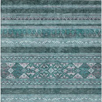 8' X 10' Teal Blue Ivory And Gray Southwestern Washable Indoor Outdoor Area Rug