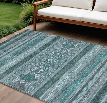 8' X 10' Teal Blue Ivory And Gray Southwestern Washable Indoor Outdoor Area Rug