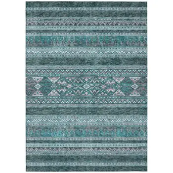8' X 10' Teal Blue Ivory And Gray Southwestern Washable Indoor Outdoor Area Rug