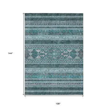 9' X 12' Teal Blue Ivory And Gray Southwestern Washable Indoor Outdoor Area Rug