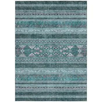 10' X 14' Teal Blue Ivory And Gray Southwestern Washable Indoor Outdoor Area Rug