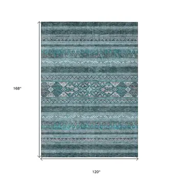 10' X 14' Teal Blue Ivory And Gray Southwestern Washable Indoor Outdoor Area Rug