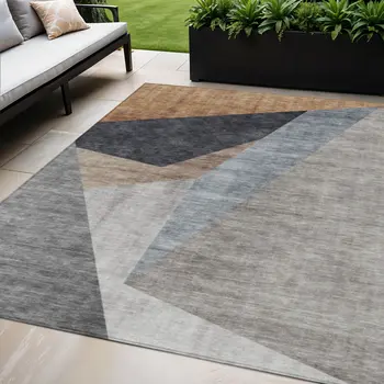 5' X 8' Taupe Beige And Gray Abstract Washable Indoor Outdoor Area Rug