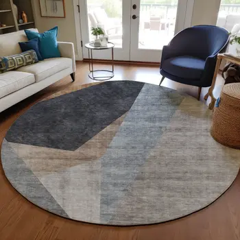 8' Taupe Beige And Gray Round Abstract Washable Indoor Outdoor Area Rug