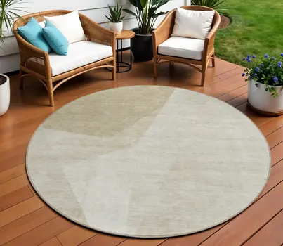 8' Beige Khaki And Taupe Round Abstract Washable Indoor Outdoor Area Rug