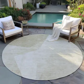 8' Beige Khaki And Taupe Round Abstract Washable Indoor Outdoor Area Rug